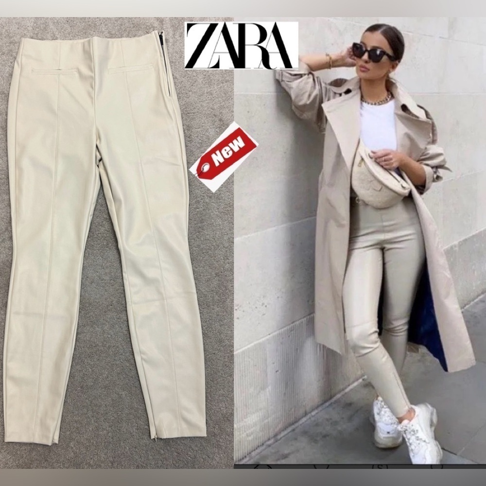 Zara ecru cream faux leather pleather high rise leggings zippered ankle L NWT - Picture 3 of 15